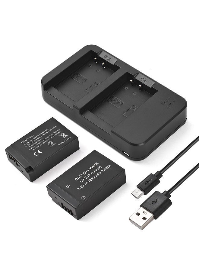 Camera LP-E17 Battery & Charger Kit with 2-slot Battery Charger + 2pcs LP-E17 Batteries 7.2V 1040mAh + USB Charging Cable