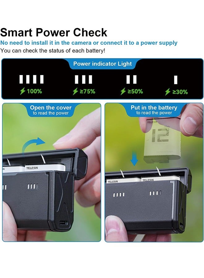 TELESIN Enduro Battery Charger with Smart Power Indicator and Side Charging Port for GoPro Hero 12 11 10 9 Go Pro Charging Accessories Pocket Size Portable