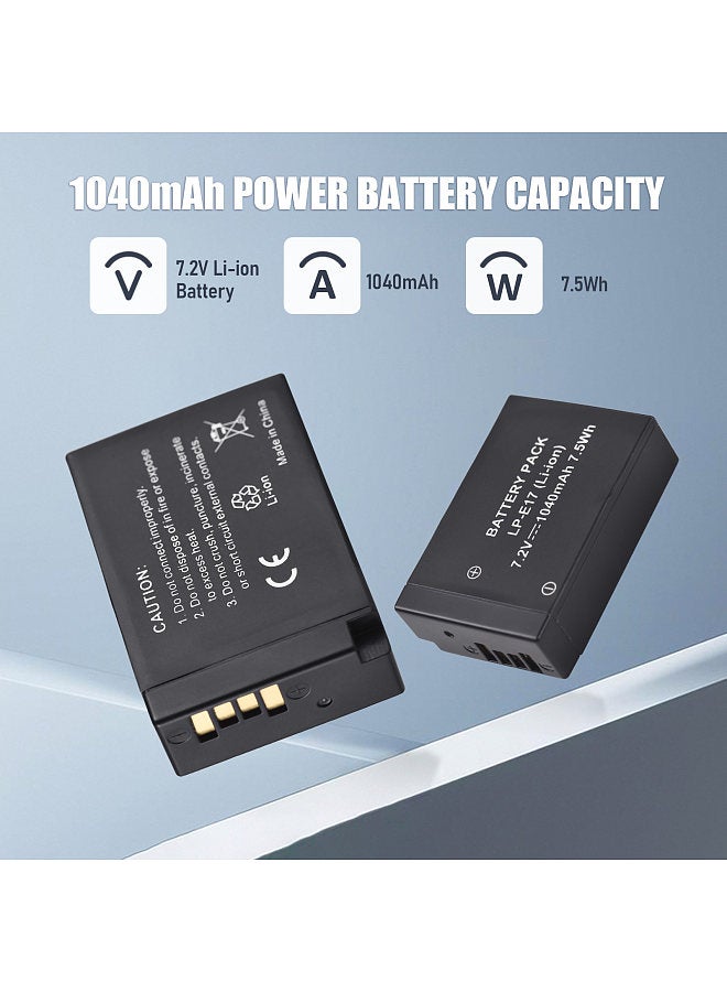 Camera LP-E17 Battery & Charger Kit with 2-slot Battery Charger + 2pcs LP-E17 Batteries 7.2V 1040mAh + USB Charging Cable