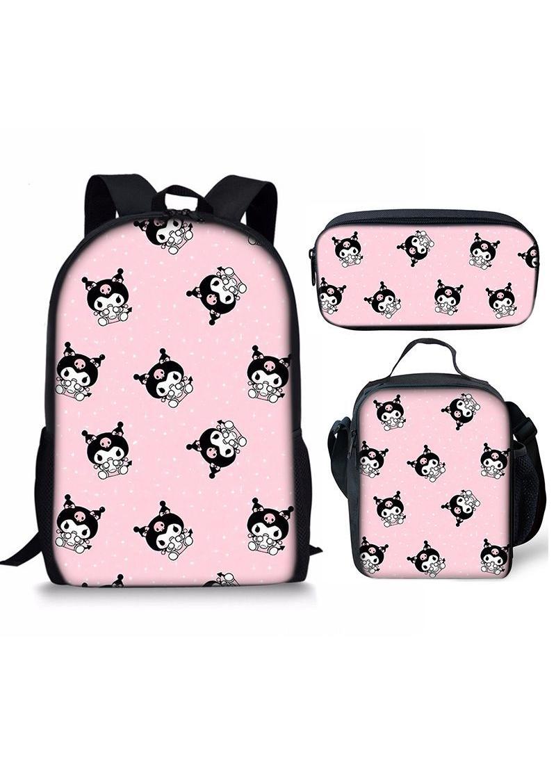 3 pcs set Kuromi Children Backpack Daypack Schoolbag Girls  Boys School Book bag with Lunch Box Pen Case