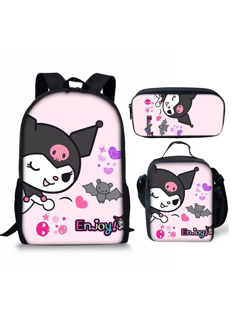 3 pcs set Kuromi Children Backpack Daypack Schoolbag Girls  Boys School Book bag with Lunch Box Pen Case