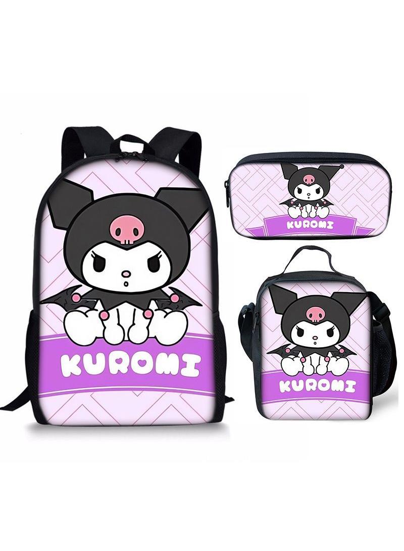 3 pcs set Kuromi Children Backpack Daypack Schoolbag Girls  Boys School Book bag with Lunch Box Pen Case