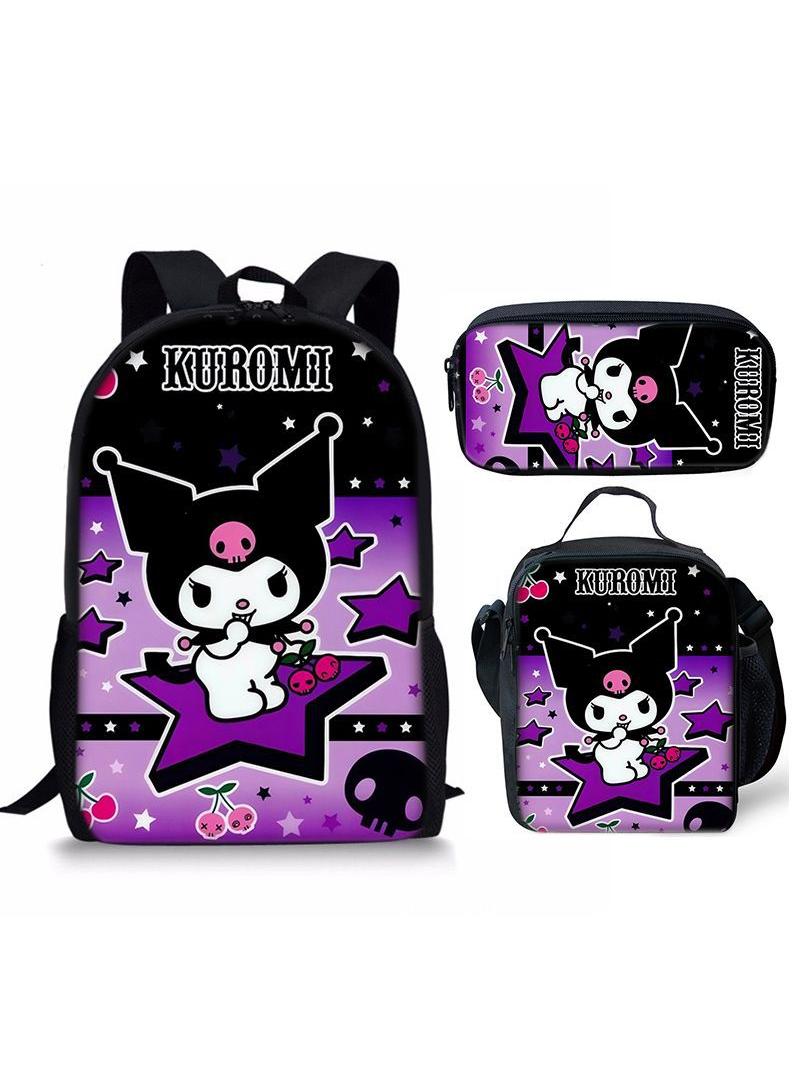 3 pcs set Kuromi Children Backpack Daypack Schoolbag Girls  Boys School Book bag with Lunch Box Pen Case