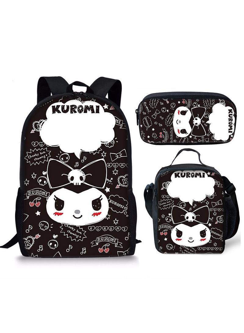 3 pcs set Kuromi Children Backpack Daypack Schoolbag Girls  Boys School Book bag with Lunch Box Pen Case
