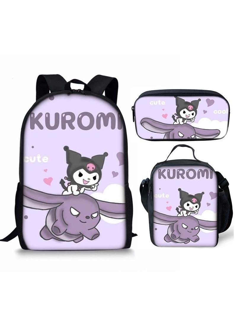 3 pcs set Kuromi Children Backpack Daypack Schoolbag Girls  Boys School Book bag with Lunch Box Pen Case
