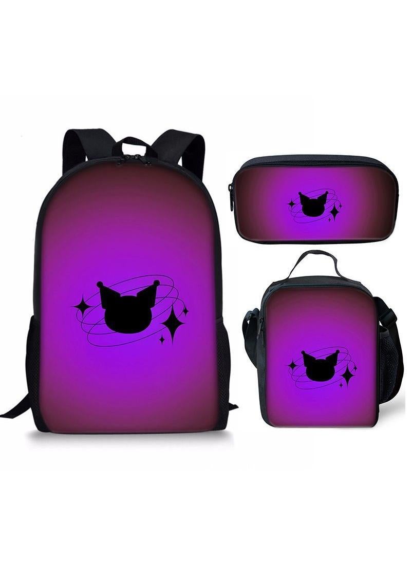 3 pcs set Kuromi Children Backpack Daypack Schoolbag Girls  Boys School Book bag with Lunch Box Pen Case