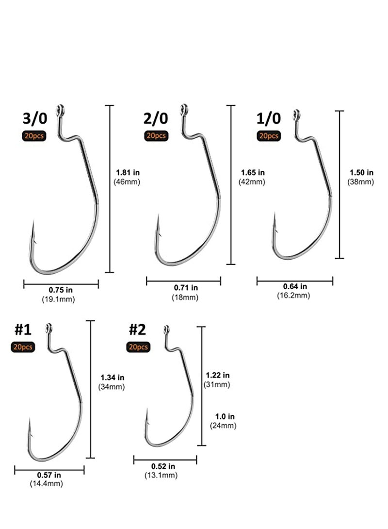 100 Pcs Fishing Hooks, High Carbon Steel Offset Worm Hooks with Plastic Box, Strong Sharp Soft Bait Jig Fish Hooks with Barbs for Bass Freshwater Saltwater