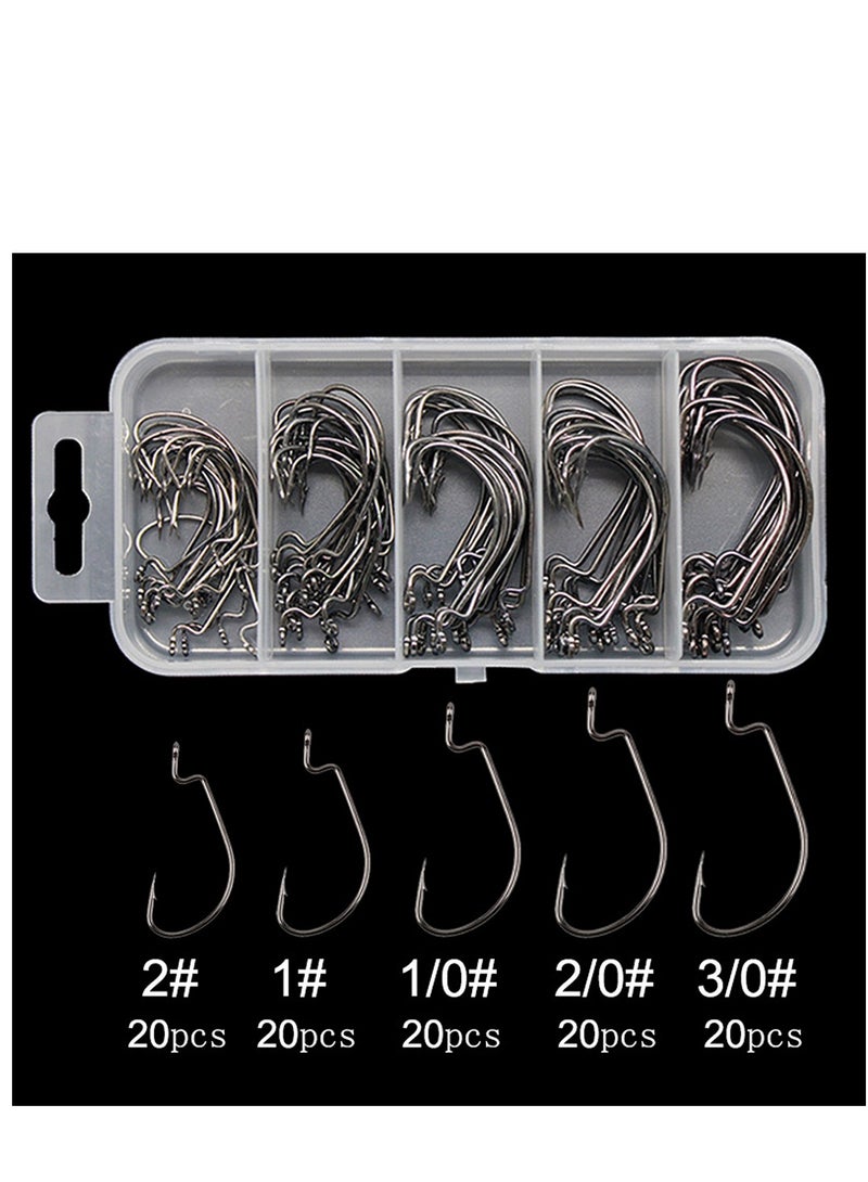 100 Pcs Fishing Hooks, High Carbon Steel Offset Worm Hooks with Plastic Box, Strong Sharp Soft Bait Jig Fish Hooks with Barbs for Bass Freshwater Saltwater