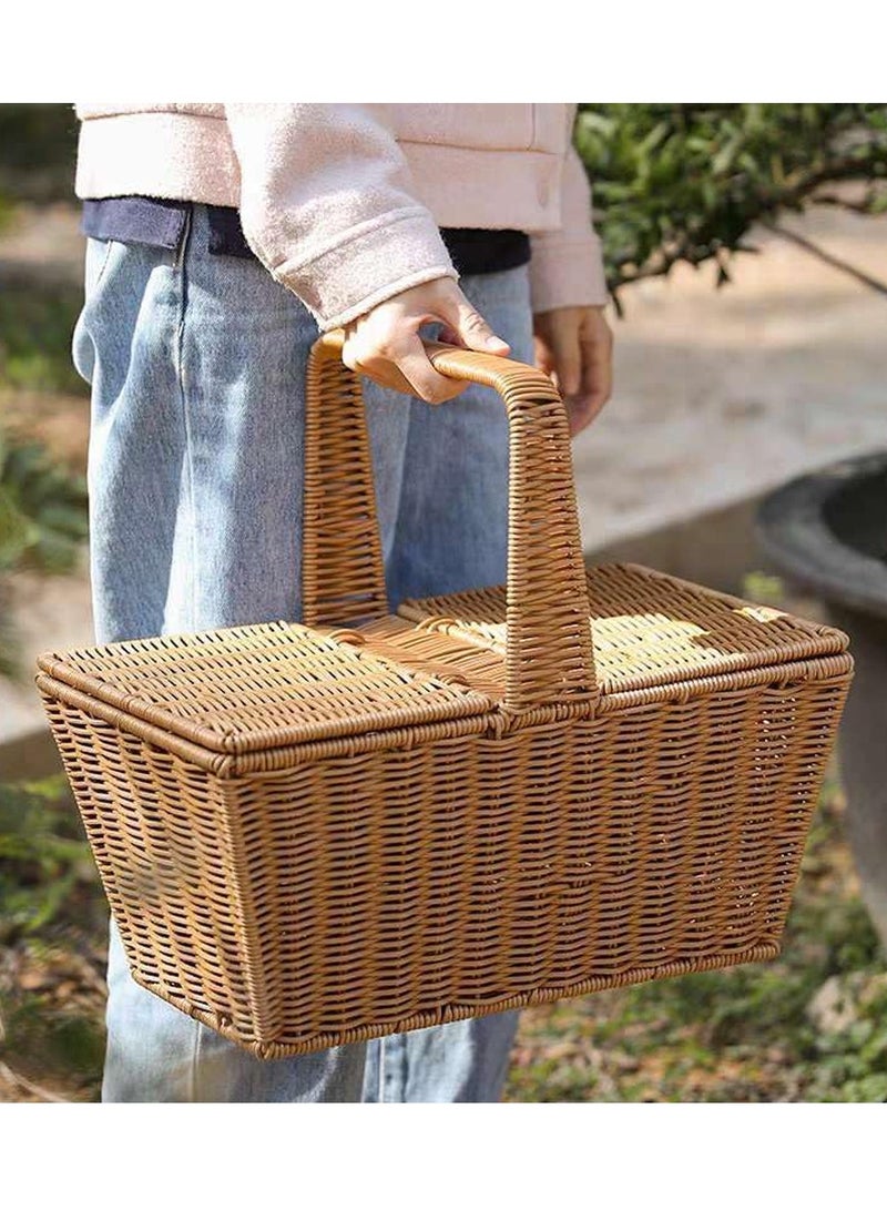 TOMSUN Square Double Lidded Wicker Picnic Basket Rattan Picnic Basket for Holiday Camping, Home Decor, and Outdoor Use
