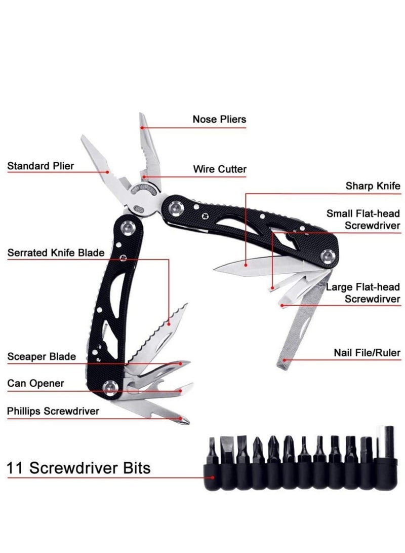 Multitool Pliers Foldable Pliers Tool Stainless Steel Multi-Purpose Outdoor Survival Kits with 11 Screwdriver Bits & Nylon Sheath Ideal Pocket Tool