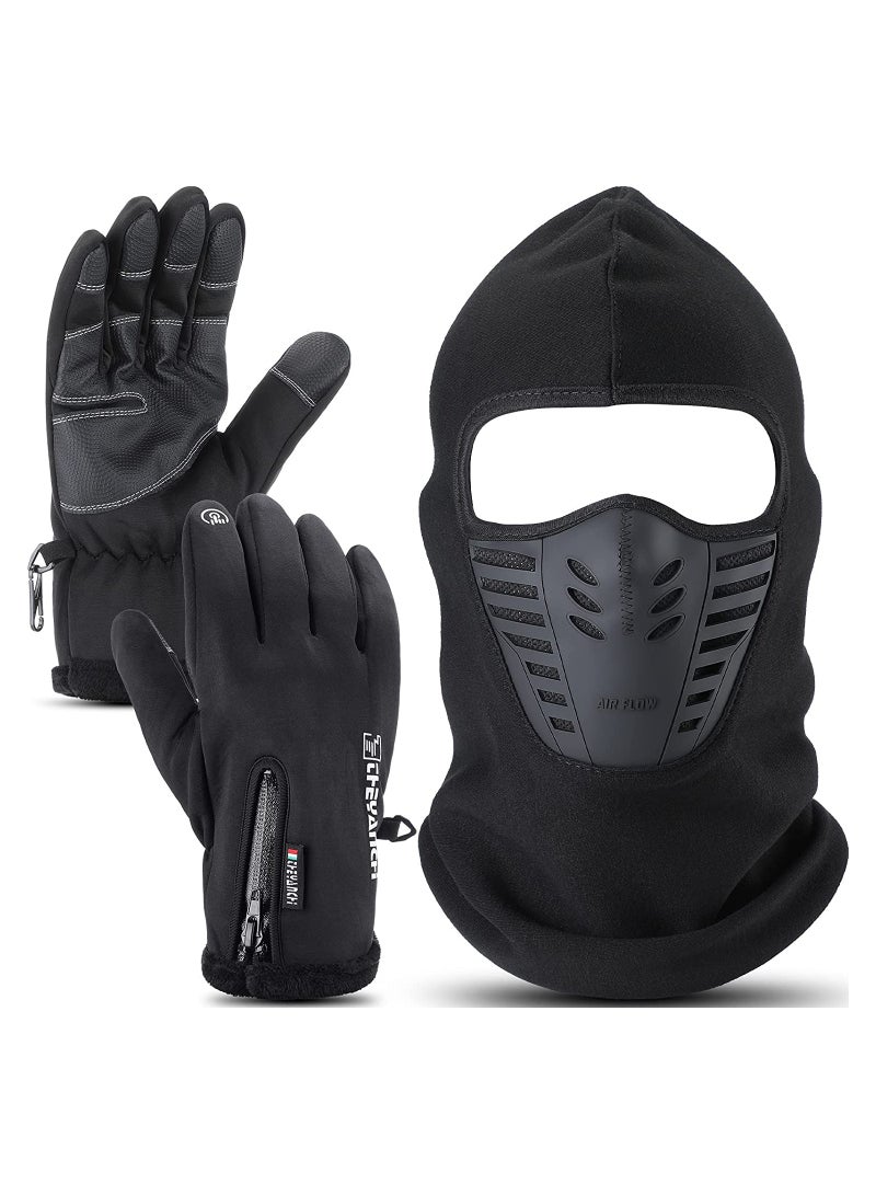 Winter Balaclava Face Mask with Ski Gloves, Cold Weather Full Ski Mask with Breathable Air Face Cover Touch Screen Gloves for Men Women Skiing, Riding (Black)