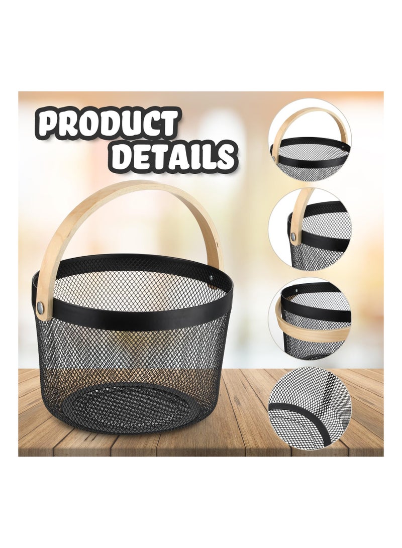 4Pcs Picnic Basket Fruit Drainer Basket with Handle, Round Mesh Steel Basket Garden Harvest Basket, Storage Organizer Basket Hanging Kitchen Baskets Fruit Vegetable Gathering Basket, Black