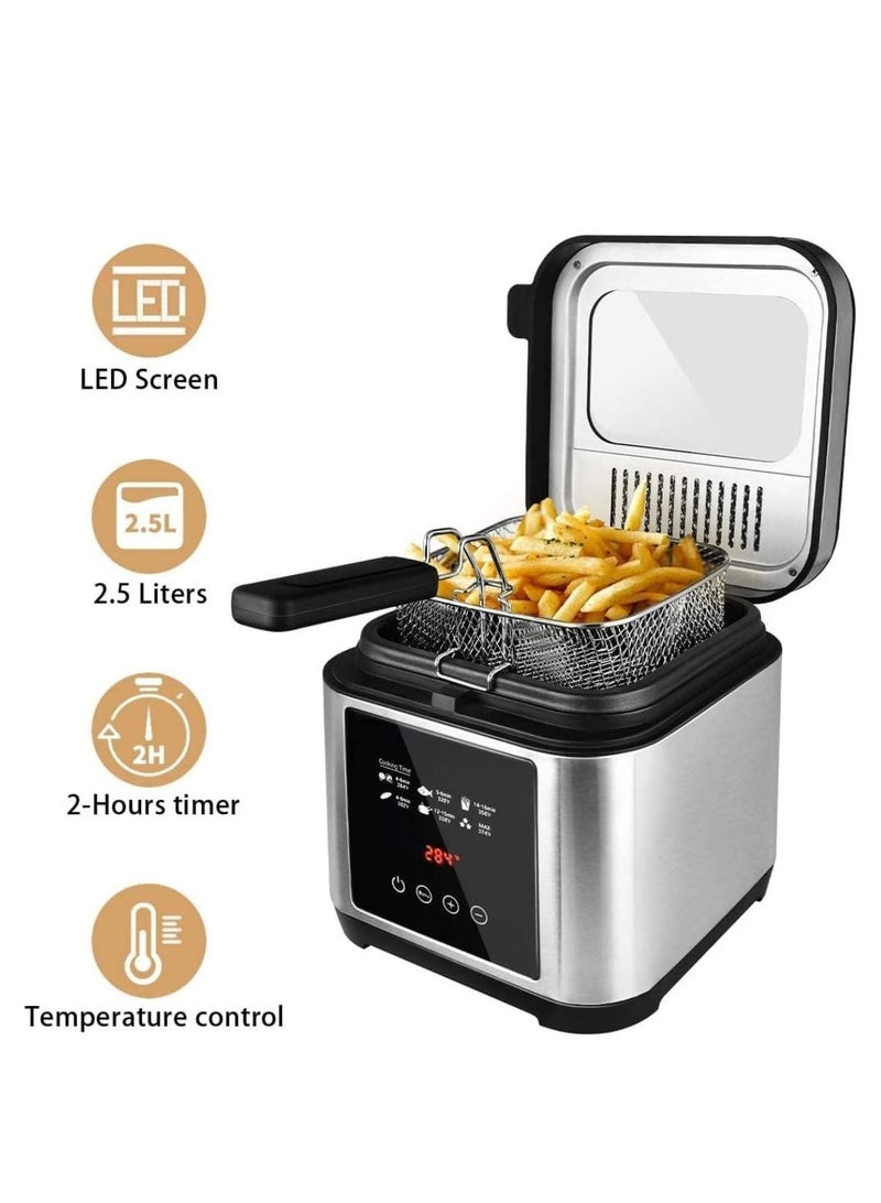 Digital Deep Fryer 1200W 2.5L Capacity with Over-Heat Protection, LED Touch Screen, 2-Hour Timer, Stainless Steel Body, Removable Lid, Large Viewing Window & Filter