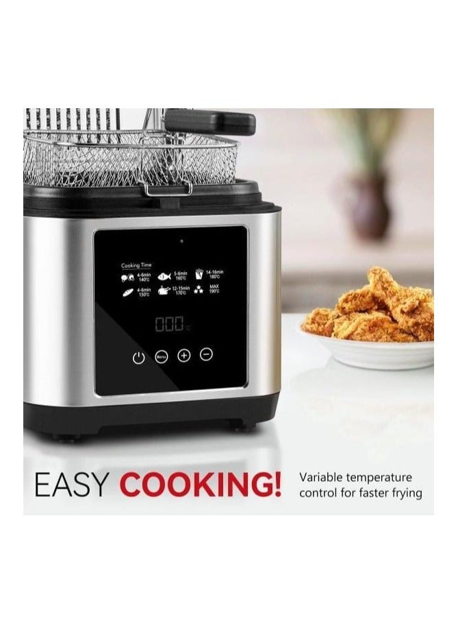 Digital Deep Fryer 1200W 2.5L Capacity with Over-Heat Protection, LED Touch Screen, 2-Hour Timer, Stainless Steel Body, Removable Lid, Large Viewing Window & Filter