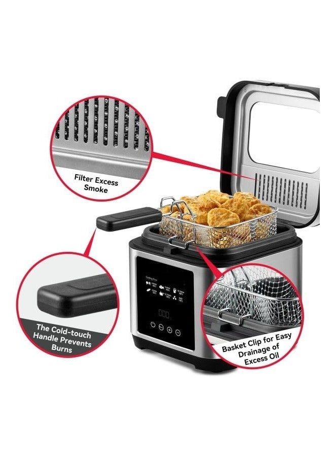 Digital Deep Fryer 1200W 2.5L Capacity with Over-Heat Protection, LED Touch Screen, 2-Hour Timer, Stainless Steel Body, Removable Lid, Large Viewing Window & Filter