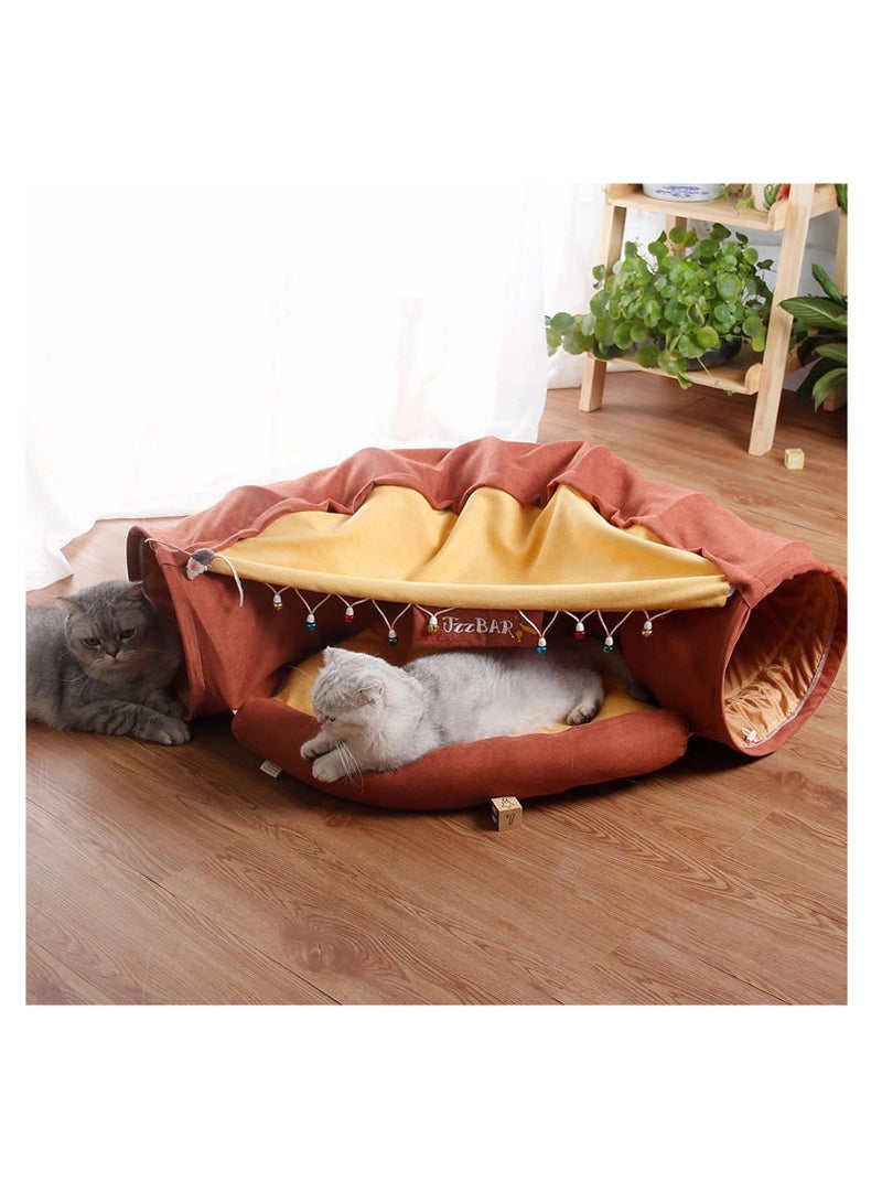 Cat Tunnel Bed,Removable and Washable Cat Toys Tunnel, Premium Multifunction 2-in-1 Pet Tunnel Tube 4 Colors (Brown)