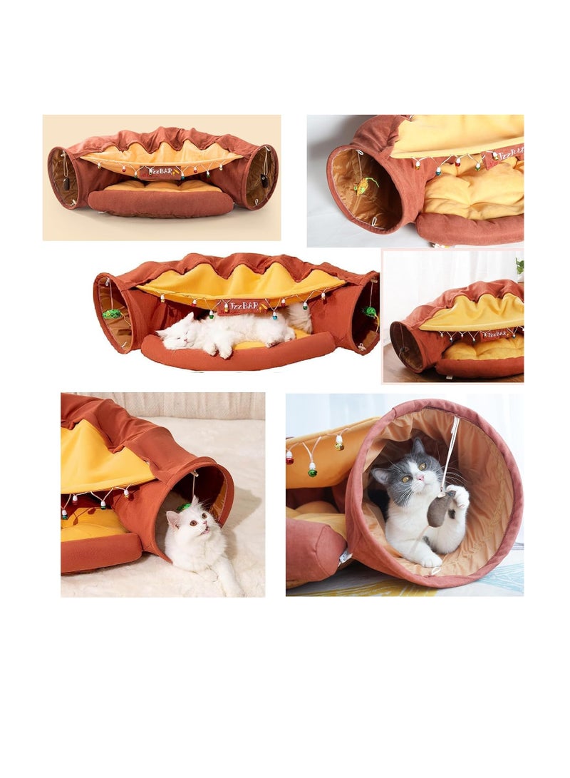 Cat Tunnel Bed,Removable and Washable Cat Toys Tunnel, Premium Multifunction 2-in-1 Pet Tunnel Tube 4 Colors (Brown)