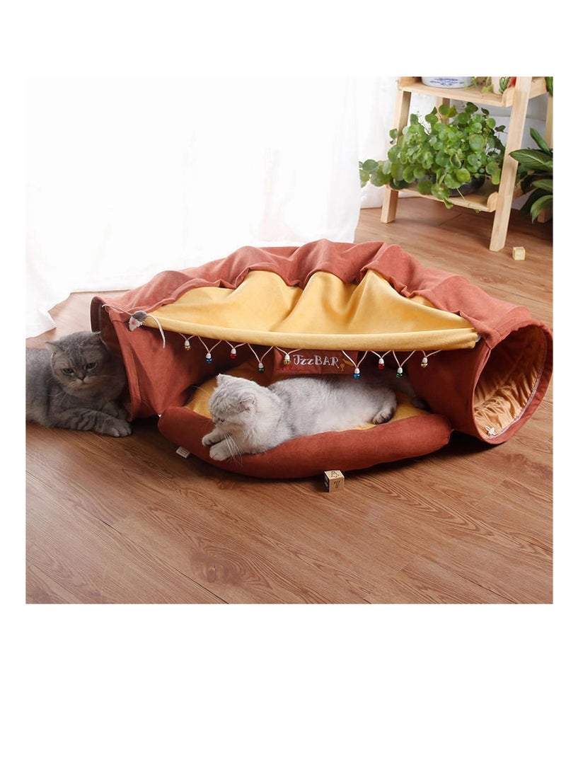 Cat Tunnel Bed,Removable and Washable Cat Toys Tunnel, Premium Multifunction 2-in-1 Pet Tunnel Tube 4 Colors (Brown)