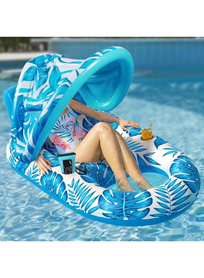 Pool Floats Adult Inflatable Swimming Pool Floats Lounger Chair with Canopy and Two Cup Holder Heavy Duty Pool Float Beach Pool Party Toys for Adults