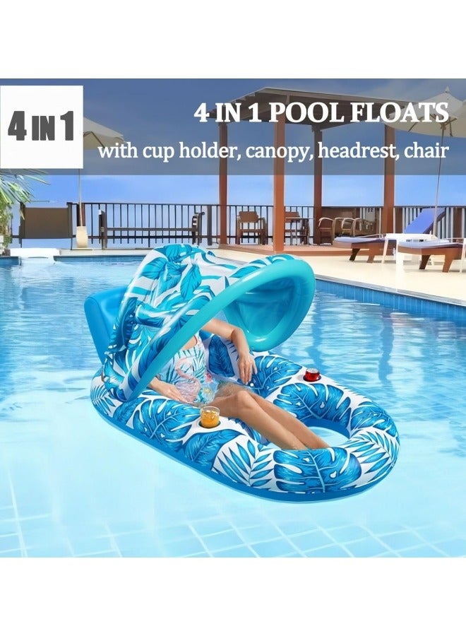 Pool Floats Adult Inflatable Swimming Pool Floats Lounger Chair with Canopy and Two Cup Holder Heavy Duty Pool Float Beach Pool Party Toys for Adults