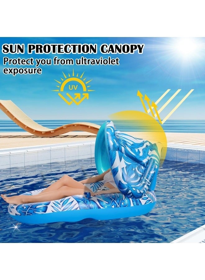 Pool Floats Adult Inflatable Swimming Pool Floats Lounger Chair with Canopy and Two Cup Holder Heavy Duty Pool Float Beach Pool Party Toys for Adults