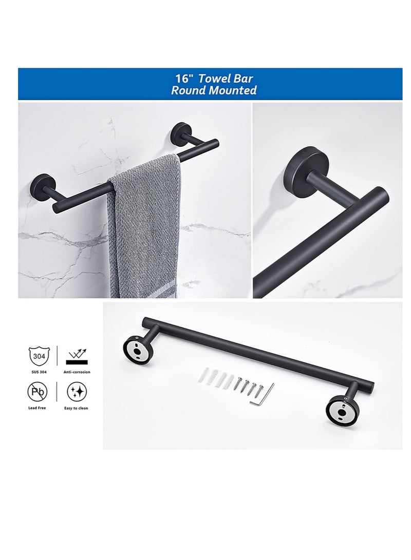 Towel Bar Set KASTWAVE 6 PCS Bathroom Matte Black Stainless Steel Bathroom Accessories Towel Rack Set Round Wall Mounted, Include 16inch Towel Bar, Toilet Paper Holder, Towel Ring, 3 Robe Towel Hooks