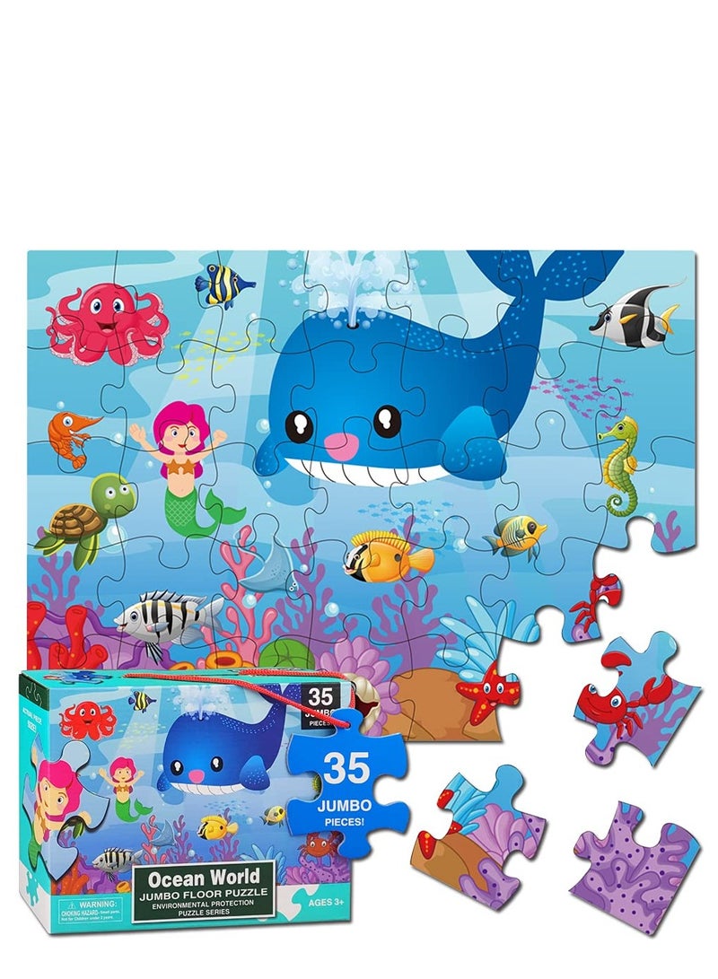 Ocean World Floor Puzzles for Kids Ages 3-5，35 Pieces Mermaid Jumbo Toddler Jigsaw Puzzle Ages 4-8，Preschool Learning Toys for Children Box Gift Girls Boys