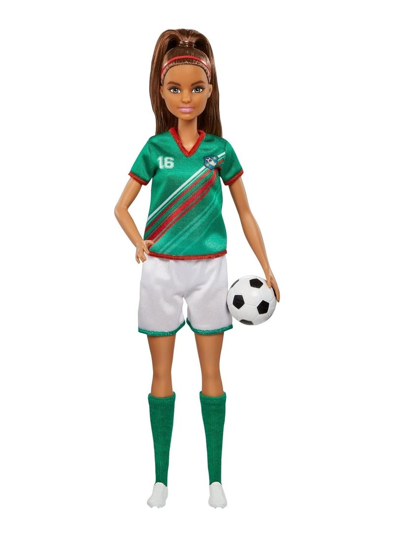 Barbie Soccer Fashion Doll With Brunette Ponytail Uniform, Cleats And Tall Socks, Soccer Ball