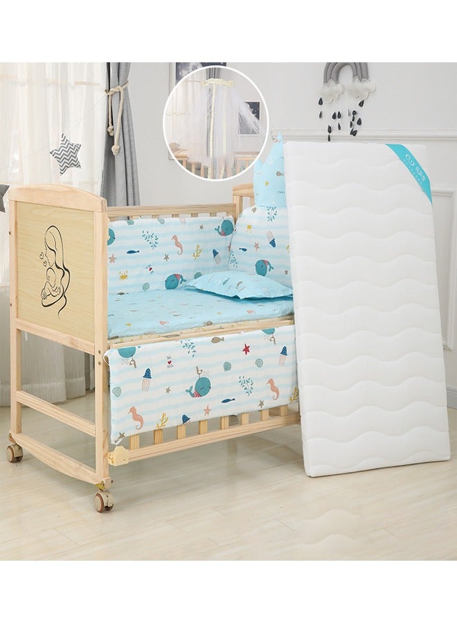 Multifunctional Solid Wood Bed Set For Newborn Baby With Mobile Cradle, Mosquito Net And Mat