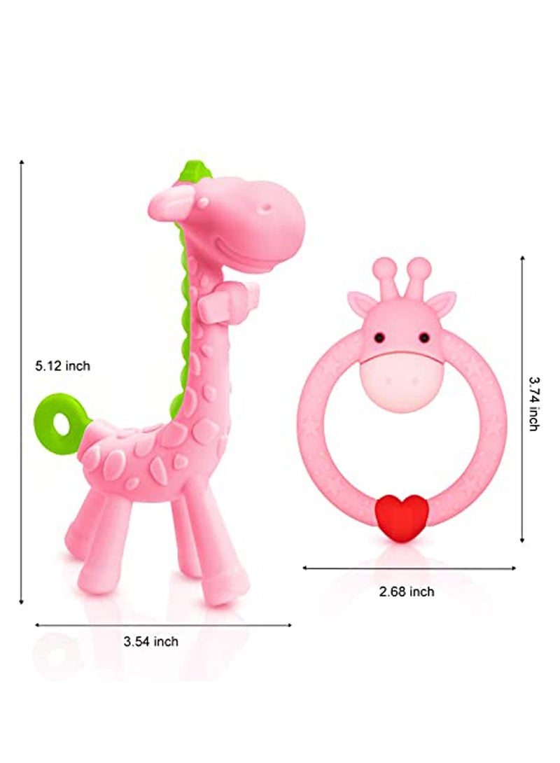 BPA Free 2 Silicone Giraffe Teether Toy with Storage Case, for 3 Months Above Infant Sore Gums Pain Relief and Shower, Set of 2 Different Teething Toys