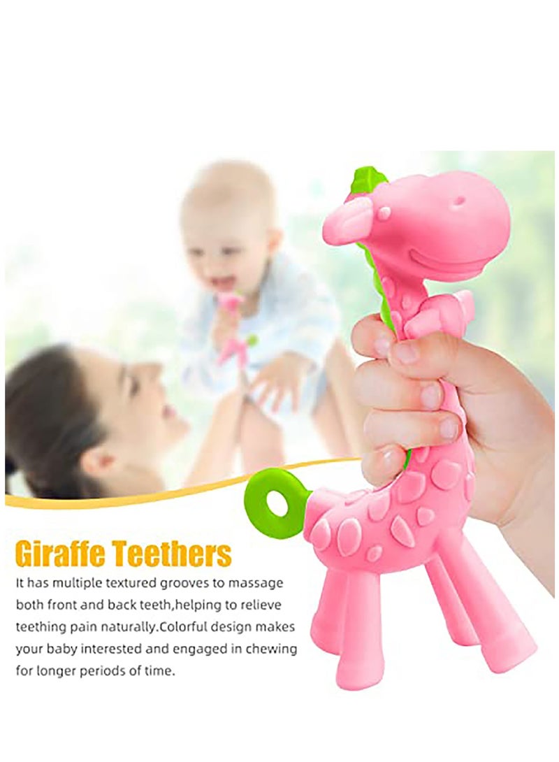 BPA Free 2 Silicone Giraffe Teether Toy with Storage Case, for 3 Months Above Infant Sore Gums Pain Relief and Shower, Set of 2 Different Teething Toys