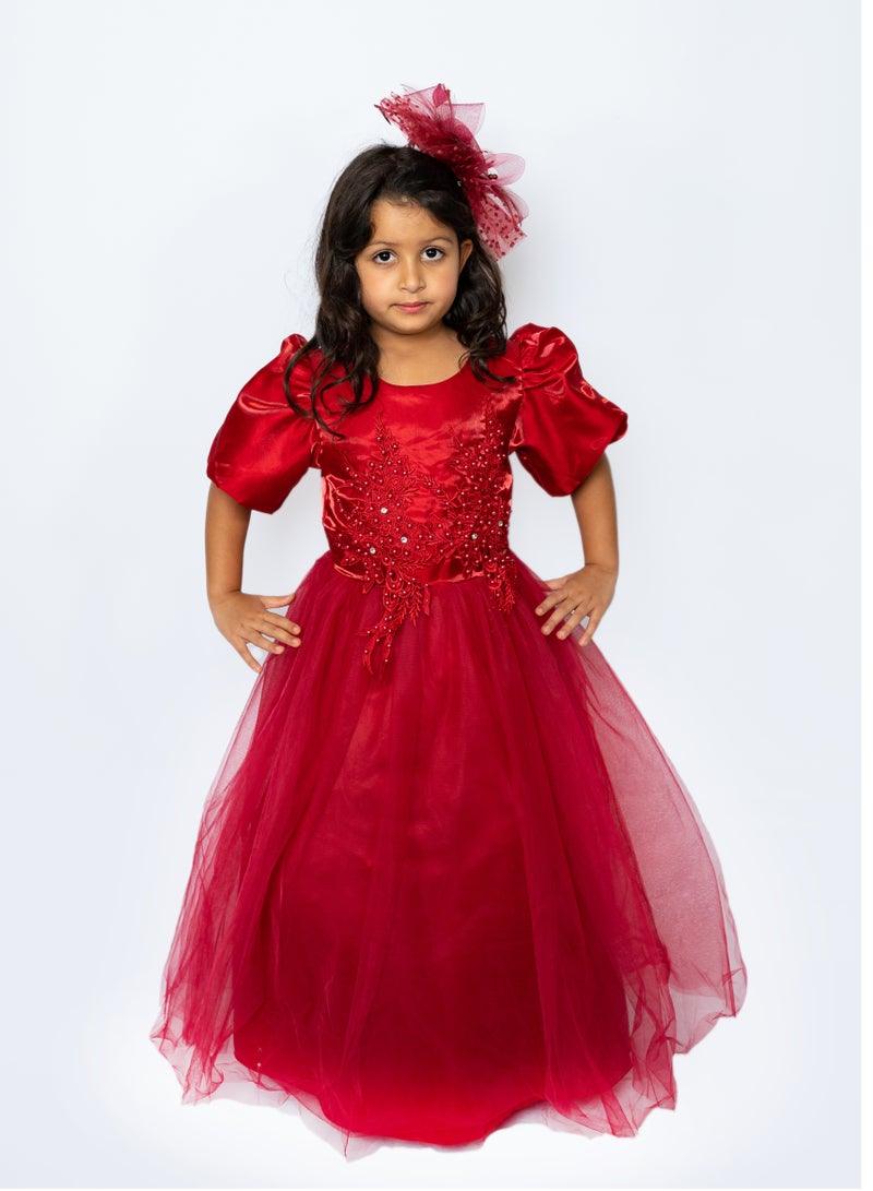 Puff Sleeve Long Tulle Pearl Dress Red