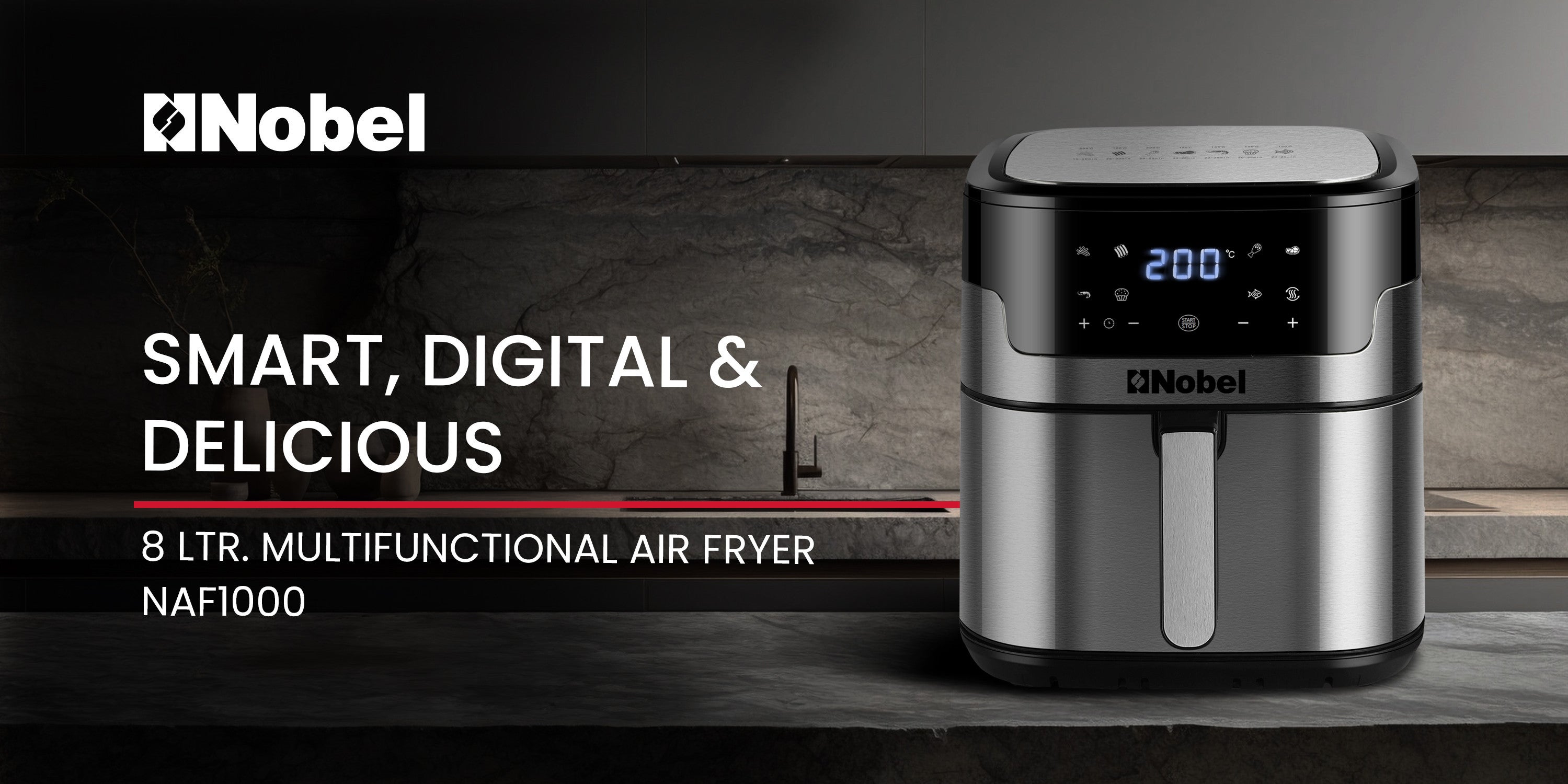 Air Fryer 8 Liters Capacity Multifunctional Fryer Digital Display and Touch Button High Speed Air Circulation Technology Frying Non- Stick Coating Frying 8 L 1800 W NAF1000 Black