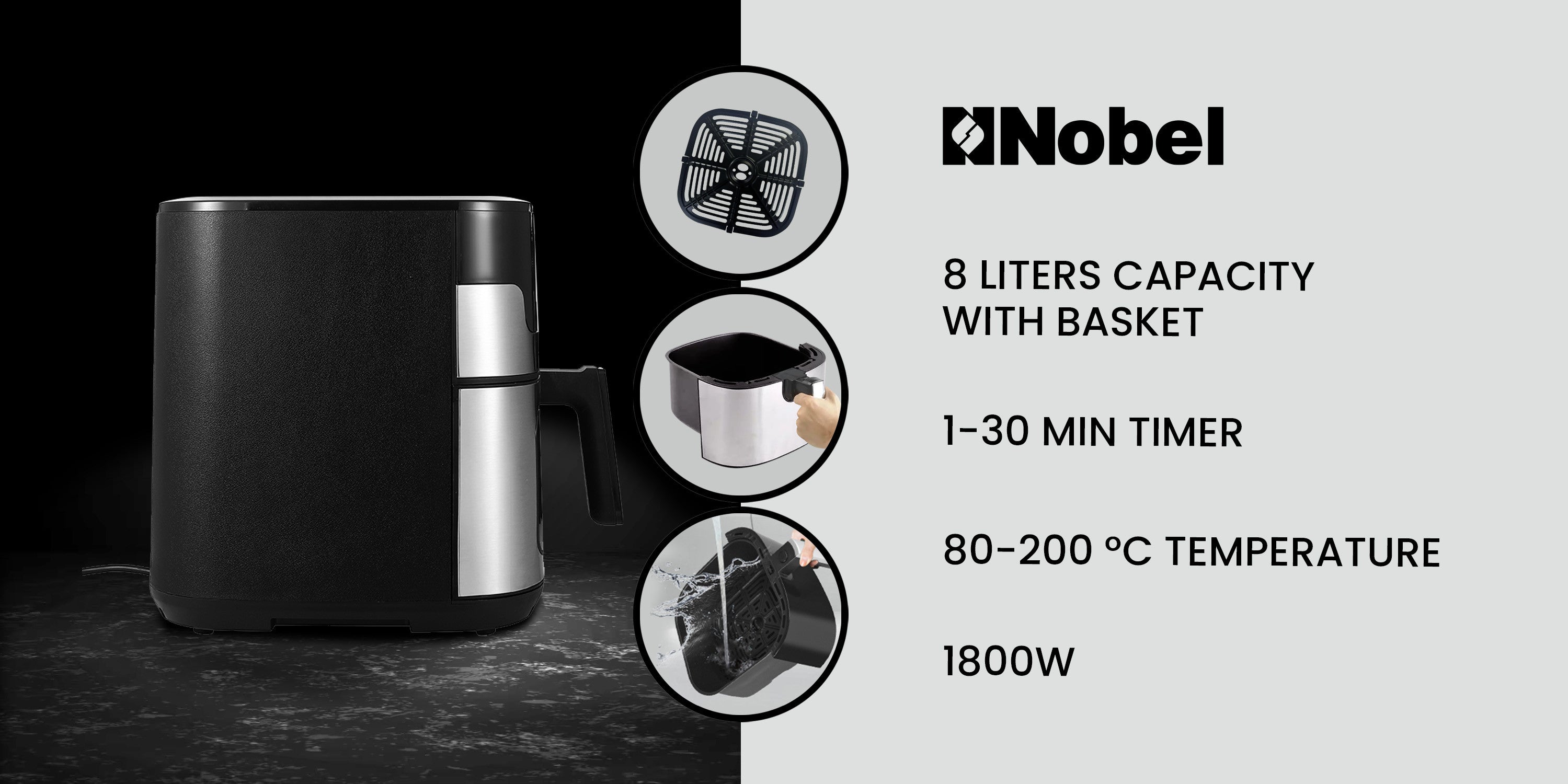 Air Fryer 8 Liters Capacity Multifunctional Fryer Digital Display and Touch Button High Speed Air Circulation Technology Frying Non- Stick Coating Frying 8 L 1800 W NAF1000 Black