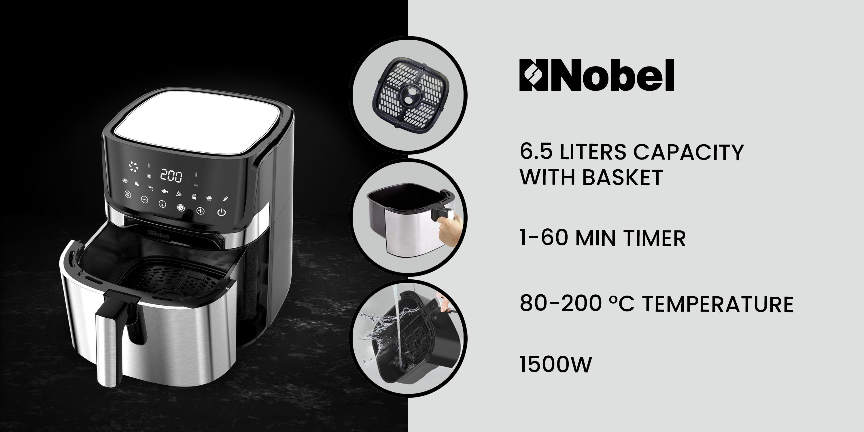 6.5L Multifunctional Air Fryer With Digital Display And One-Touch Cooking 6.5 L 1500 W NAF800 Black