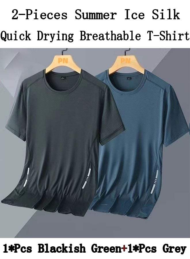 2-Pieces Summer Ice Silk Quick Drying Breathable T-Shirt,Trendy Sports Casual Loose Short Sleeve