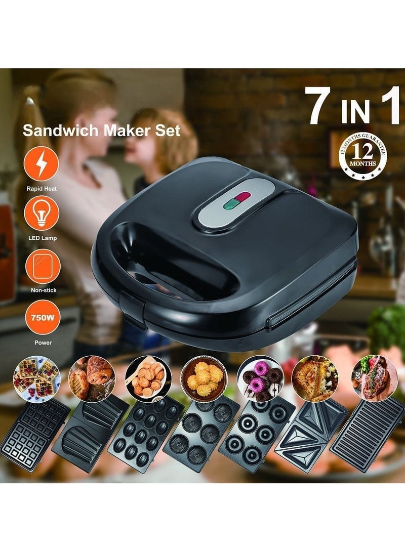 7 in 1 Multifunctional Sandwich Maker with Non-Stick Interchangeable Plates for Grill, Toaster, Pancakes, Cookies, Waffles, Donuts, Cupcakes - Dishwasher Safe