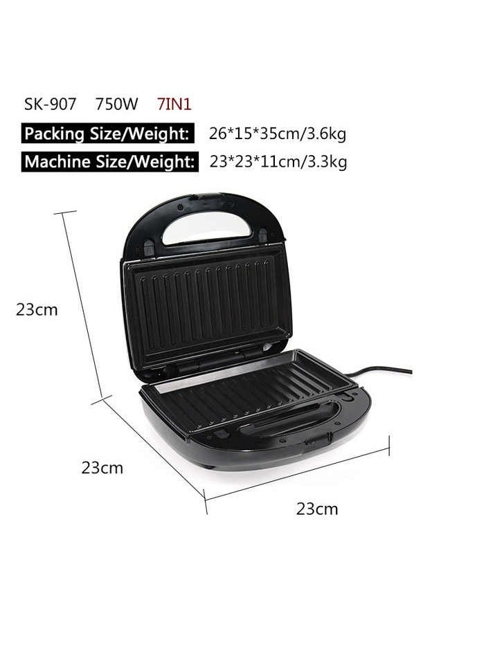 7 in 1 Multifunctional Sandwich Maker with Non-Stick Interchangeable Plates for Grill, Toaster, Pancakes, Cookies, Waffles, Donuts, Cupcakes - Dishwasher Safe