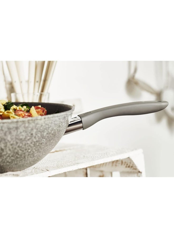 Murano Wok 28 Cm. 5Ply Non Stick Granitium Coating. Pfoa Free. Scratch Resistant. Oven Safe Max 160 °. Thermopoint: Energy Saving Indicator. For All Stovetops. Made In Italy.