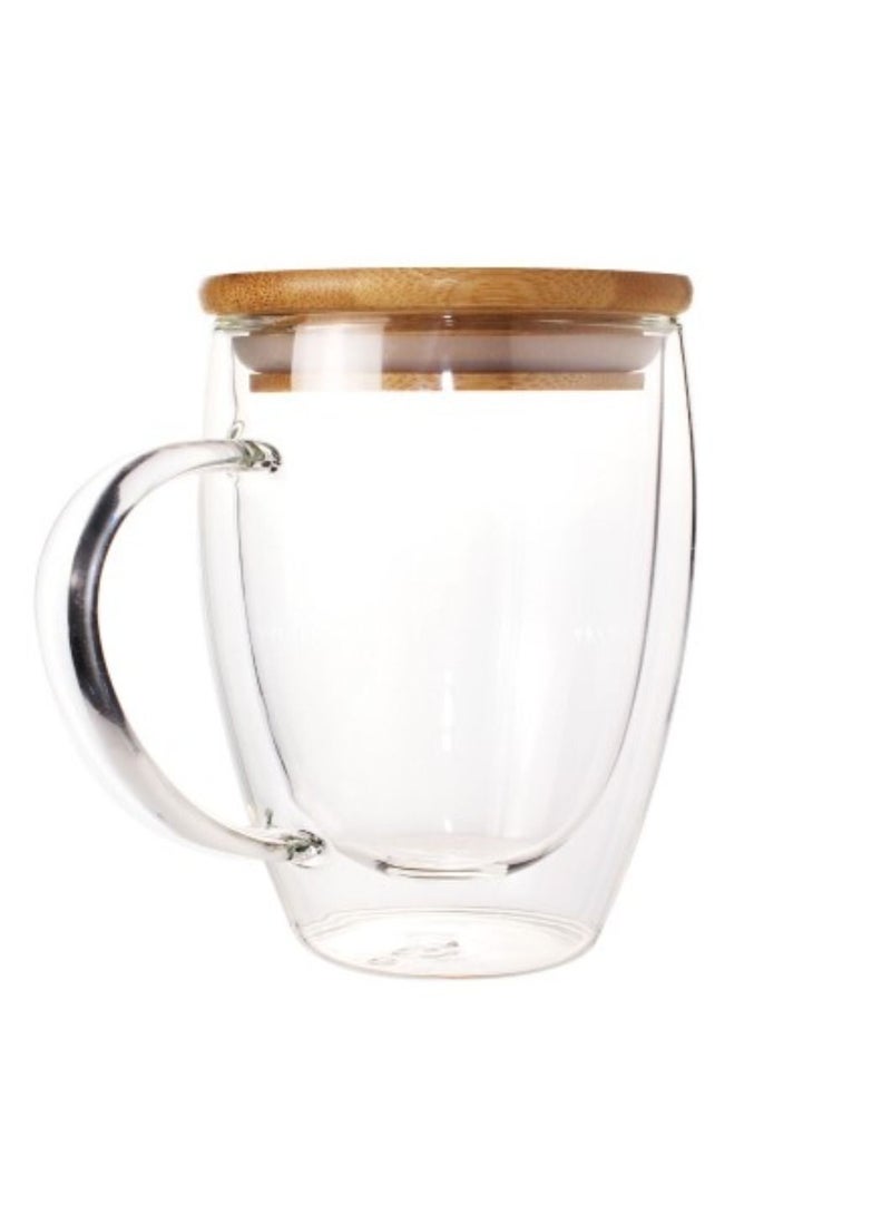 Double Wall Glass Coffee Mugs With Handle And Bamboo Lid 350ml