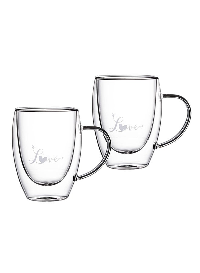 2-Piece Double Wall Love Printed Glass Mug With Handle Clear 350ml