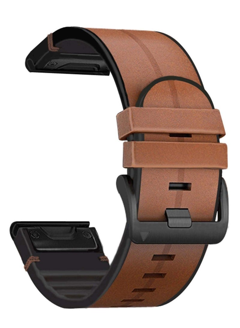 Soft Genuine Leather and Silicone Hybrid Watch Strap for Garmin Fenix 6X/5X/6/5, 26mm Sweat-Resistant Wristband, Quick Fit Design, Brown Color.