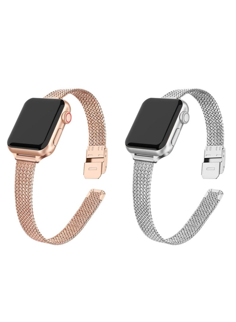 Slim Metal Straps For Apple Watch Band 38mm 40mm 41mm,Thin Narrow Stainless Steel Mesh Milanese Replacement Strap Women Men- Sliver/Rose Gold