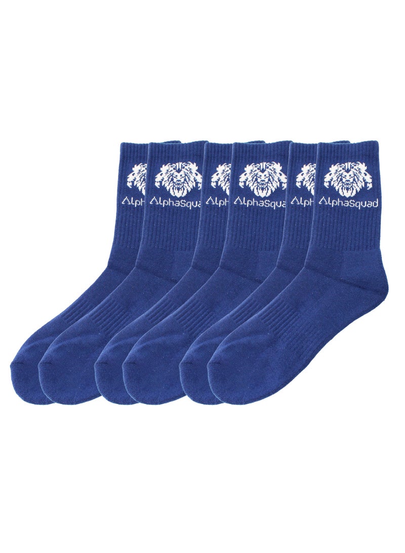 AlphaSquad Unisex Athletic Solid Cotton Cushion Comfort Crew Socks, Blue Pack of 3 (Free Size)