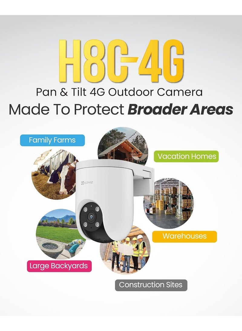 H8C 4G 2K Pan & Tilt 4G Camera with Auto-Tracking, 2 Way Talk, Color Night Vision, Active Defense with Siren & Strobe Light, Weatherproof, H.265 Video, Supports MicroSD Card, White