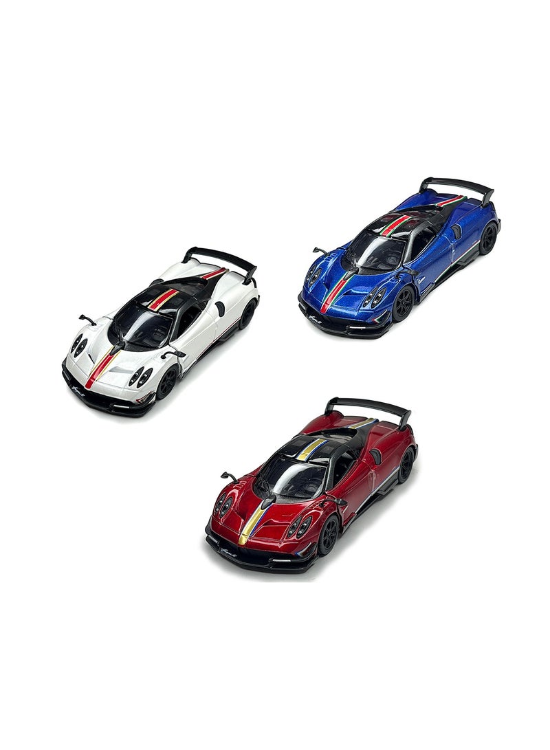 Pack of 3 Pcs 1:38 Scale Door Openable Pull Back Action 2016 Pagani Huayra BC with Printing Diecast Alloy Metal Car-Assorted Colour