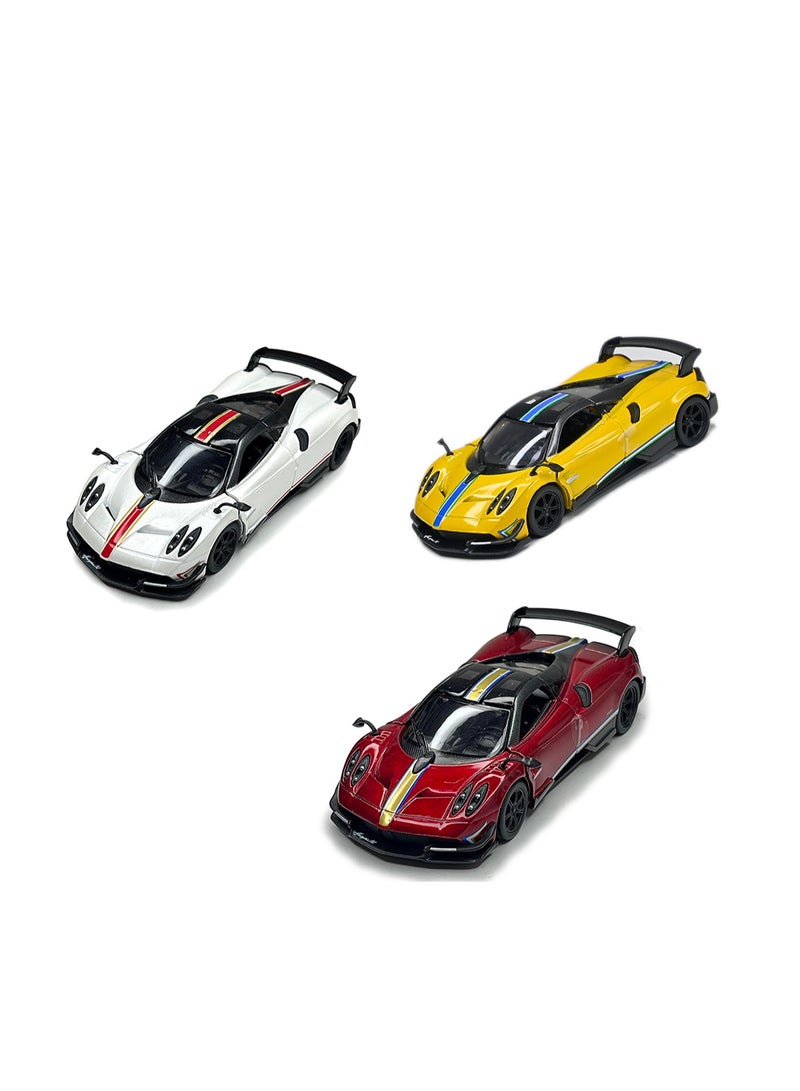 Pack of 3 Pcs 1:38 Scale Door Openable Pull Back Action 2016 Pagani Huayra BC with Printing Diecast Alloy Metal Car-Assorted Colour