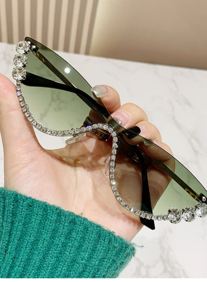 2024 New Personalized Diamond Sunglasses Luxury High Grade Bling Sunglasses Women's Sunglasses（White diamond gradient green lens）