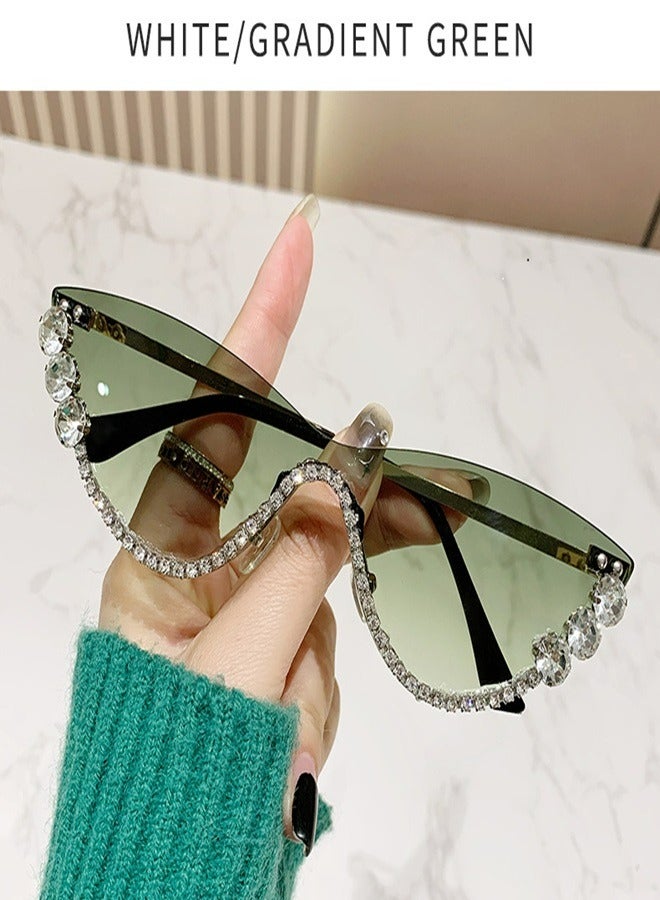 2024 New Personalized Diamond Sunglasses Luxury High Grade Bling Sunglasses Women's Sunglasses（White diamond gradient green lens）