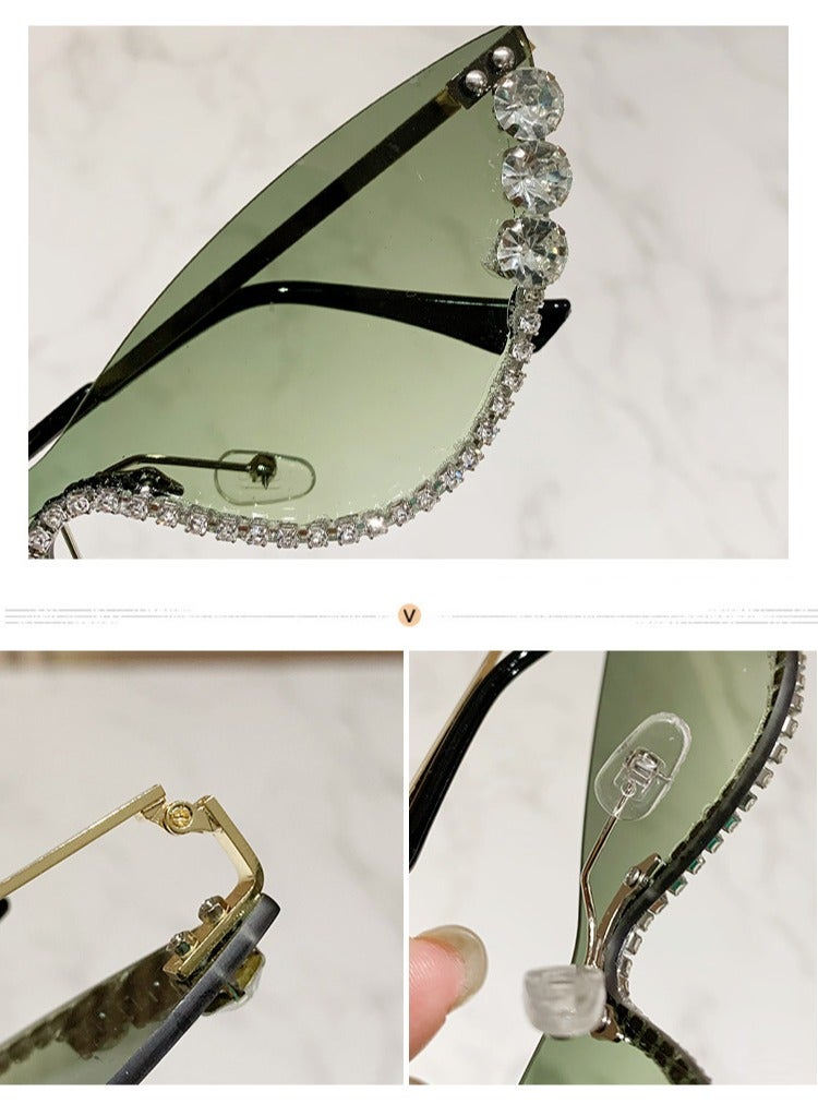 2024 New Personalized Diamond Sunglasses Luxury High Grade Bling Sunglasses Women's Sunglasses（White diamond gradient green lens）